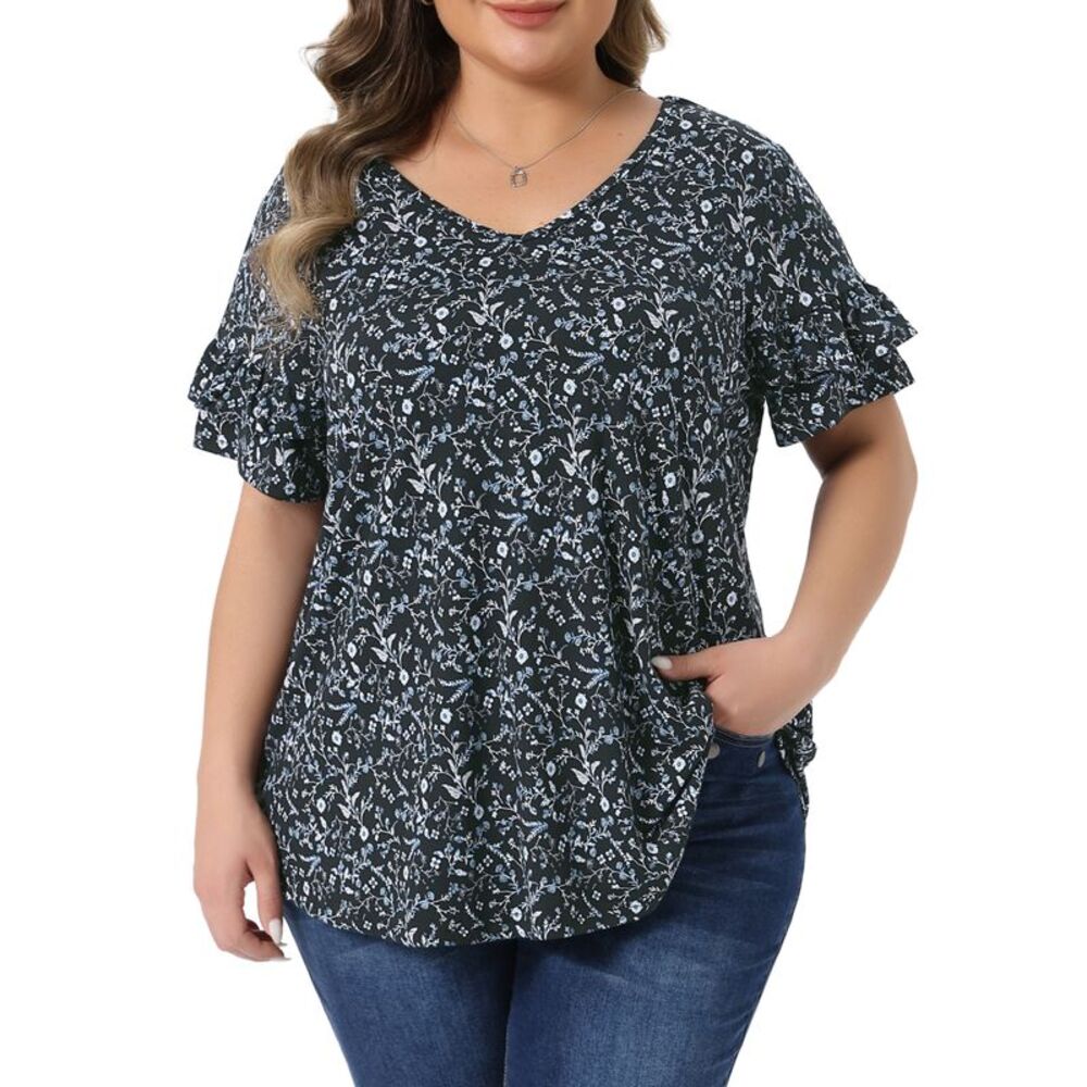 Women Plus Size V Neck Ruffle Sleeve Floral Summer Blouses Black